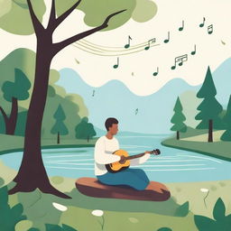 A serene scene of a person playing a musical instrument, surrounded by calming nature elements like trees and a flowing river, to depict the concept of music therapy