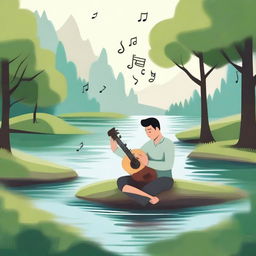 A serene scene of a person playing a musical instrument, surrounded by calming nature elements like trees and a flowing river, to depict the concept of music therapy