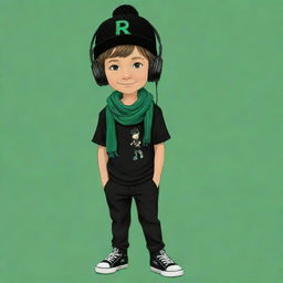 A captivating cartoon illustration of a boy accessorized with a black cap, black headphones, wearing a black 'R' T-shirt, black pants, green shoes and a dark green scarf, donning a whimsical pancake party mask.