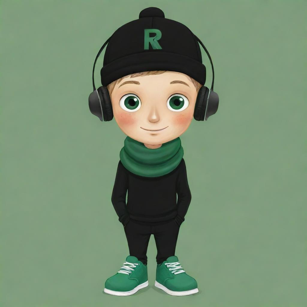 A captivating cartoon illustration of a boy accessorized with a black cap, black headphones, wearing a black 'R' T-shirt, black pants, green shoes and a dark green scarf, donning a whimsical pancake party mask.