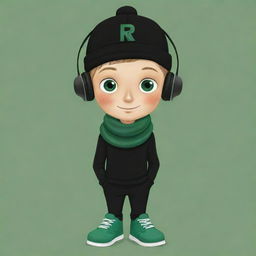 A captivating cartoon illustration of a boy accessorized with a black cap, black headphones, wearing a black 'R' T-shirt, black pants, green shoes and a dark green scarf, donning a whimsical pancake party mask.