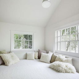 A peaceful and cozy room awash with white color, filled with plush cushions and warm, inviting light.