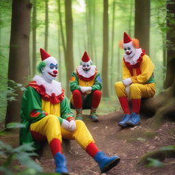 A serene forest scene with clowns resting peacefully against trees