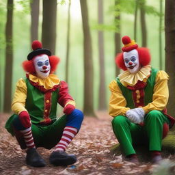 A serene forest scene with clowns resting peacefully against trees