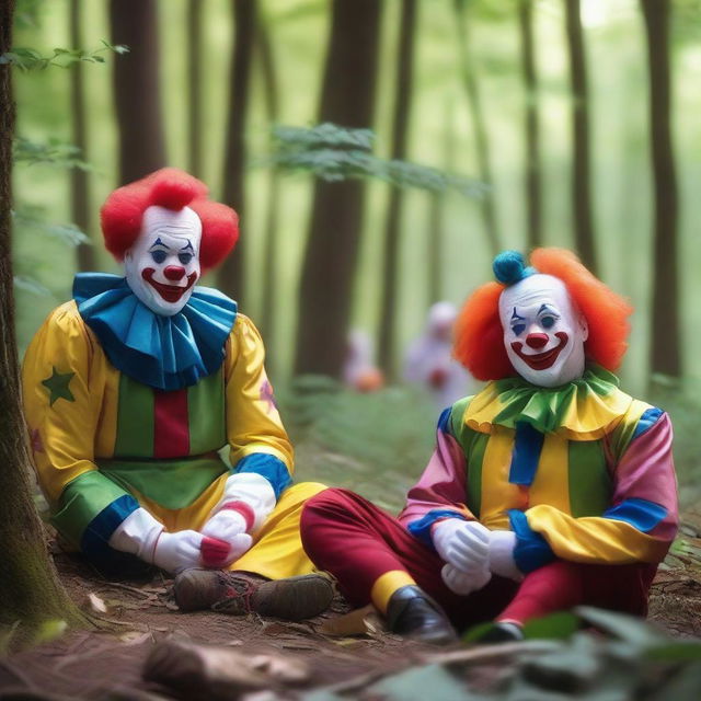 A serene forest scene with clowns resting peacefully against trees