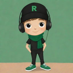 A captivating cartoon illustration of a boy accessorized with a black cap, black headphones, wearing a black 'R' T-shirt, black pants, green shoes and a dark green scarf, donning a whimsical pancake party mask.