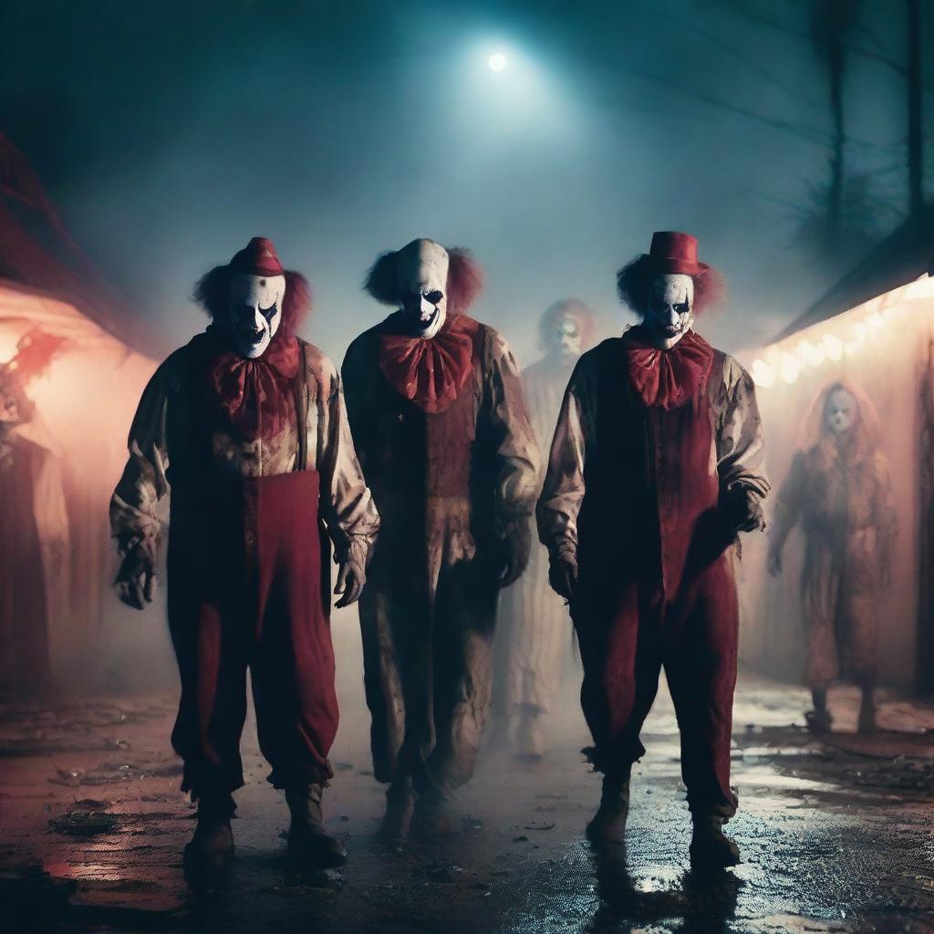 A group of clown zombies with eerie makeup and tattered costumes, wandering through an abandoned carnival at night