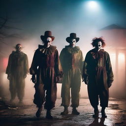 A group of clown zombies with eerie makeup and tattered costumes, wandering through an abandoned carnival at night