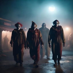 A group of clown zombies with eerie makeup and tattered costumes, wandering through an abandoned carnival at night