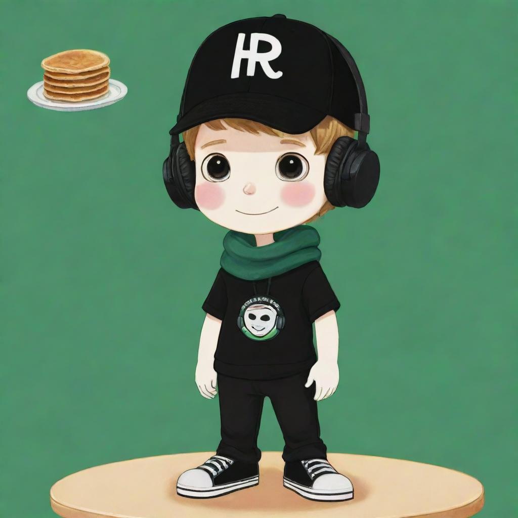 A charming cartoon depiction of a boy with white skin, outfitted in a black 'R' T-shirt, black pants, capped with a black hat, black headphones, green shoes, a dark green scarf, and whimsically donning a pancake party mask.