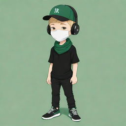 A charming cartoon depiction of a boy with white skin, outfitted in a black 'R' T-shirt, black pants, capped with a black hat, black headphones, green shoes, a dark green scarf, and whimsically donning a pancake party mask.