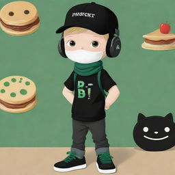 A charming cartoon depiction of a boy with white skin, outfitted in a black 'R' T-shirt, black pants, capped with a black hat, black headphones, green shoes, a dark green scarf, and whimsically donning a pancake party mask.