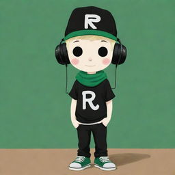 A charming cartoon depiction of a boy with white skin, outfitted in a black 'R' T-shirt, black pants, capped with a black hat, black headphones, green shoes, a dark green scarf, and whimsically donning a pancake party mask.