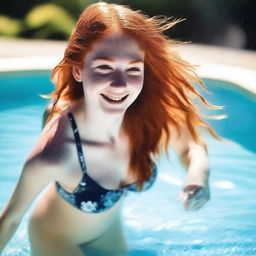 A slender, pretty 18-year-old red-haired woman, wearing a swimsuit, gracefully exiting a swimming pool