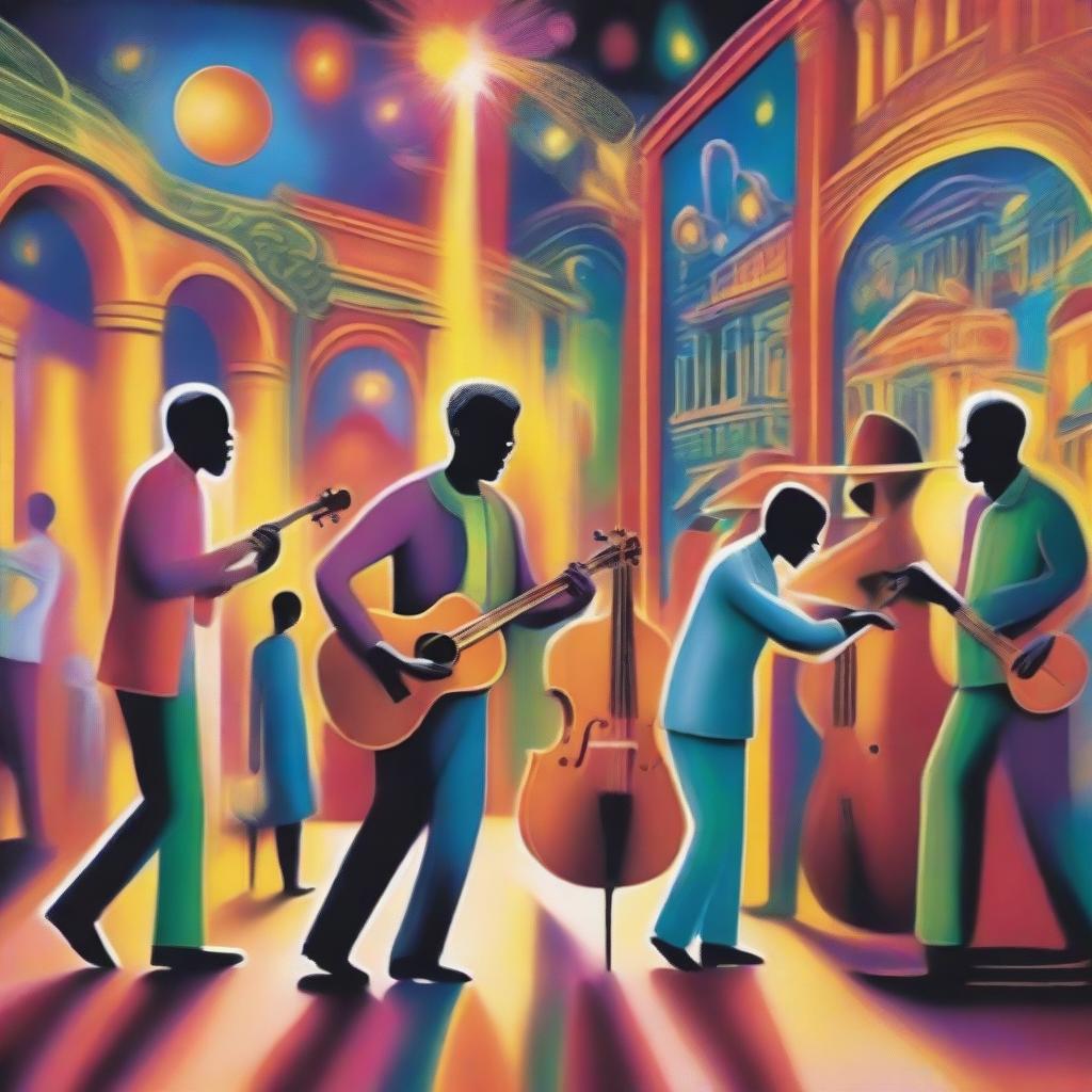 A vibrant scene showcasing the essence of music, drama, dance, and art