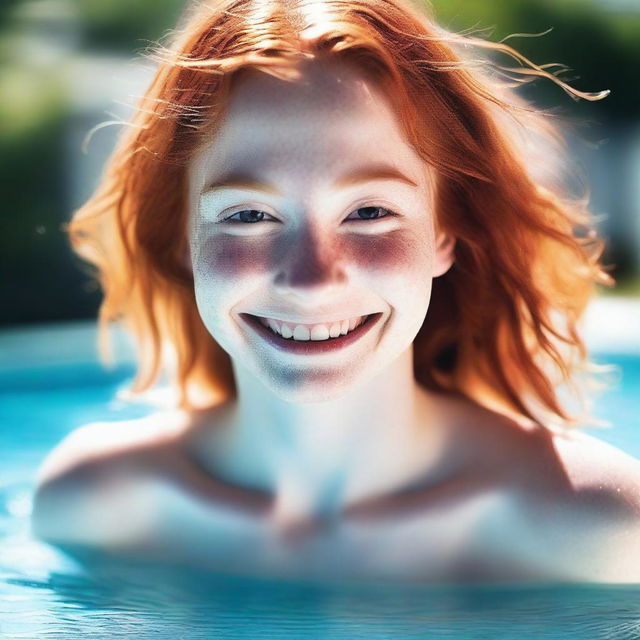 A slender, pretty red-haired 18-year-old girl, wearing a swimsuit, emerging from a pool on a sunny day