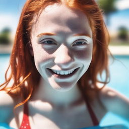 A slender, pretty red-haired 18-year-old girl, wearing a swimsuit, emerging from a pool on a sunny day