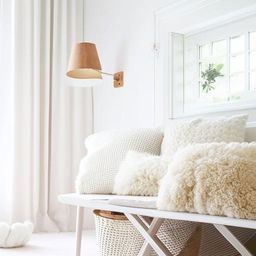 A peaceful and cozy room awash with white color, filled with plush cushions and warm, inviting light.