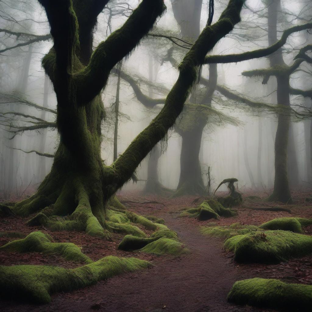 A dark forest with towering trees, dense foliage, and an eerie atmosphere