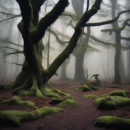 A dark forest with towering trees, dense foliage, and an eerie atmosphere