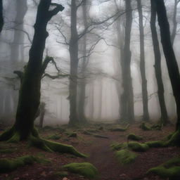 A dark forest with towering trees, dense foliage, and an eerie atmosphere