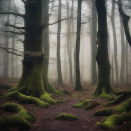 A dark forest with towering trees, dense foliage, and an eerie atmosphere