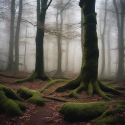 A dark forest with towering trees, dense foliage, and an eerie atmosphere