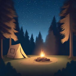 A serene camping site at night, featuring a glowing campfire, a couple of tents, and a clear starry sky