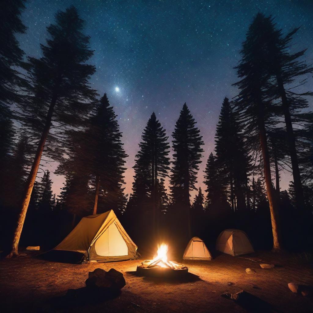 A serene camping site at night, featuring a glowing campfire, a couple of tents, and a clear starry sky