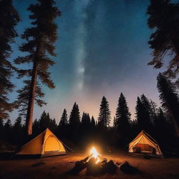 A serene camping site at night, featuring a glowing campfire, a couple of tents, and a clear starry sky