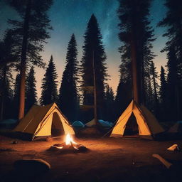 A serene camping site at night, featuring a glowing campfire, a couple of tents, and a clear starry sky