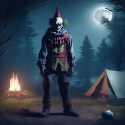 A creepy zombie clown standing at a campsite at night