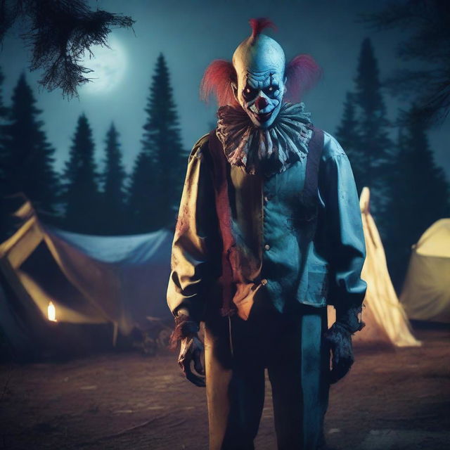 A creepy zombie clown standing at a campsite at night