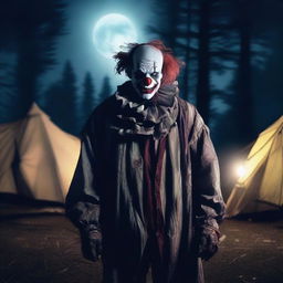 A creepy zombie clown standing at a campsite at night