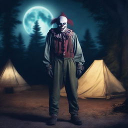 A creepy zombie clown standing at a campsite at night