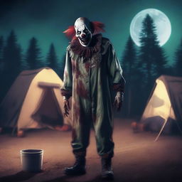 A creepy zombie clown standing at a campsite with camping pods at night