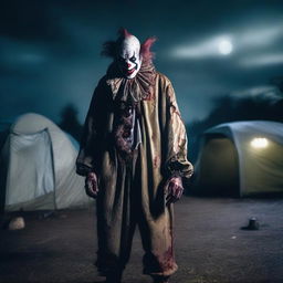 A creepy zombie clown standing at a campsite with camping pods at night