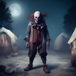 A creepy zombie clown standing at a campsite with camping pods at night