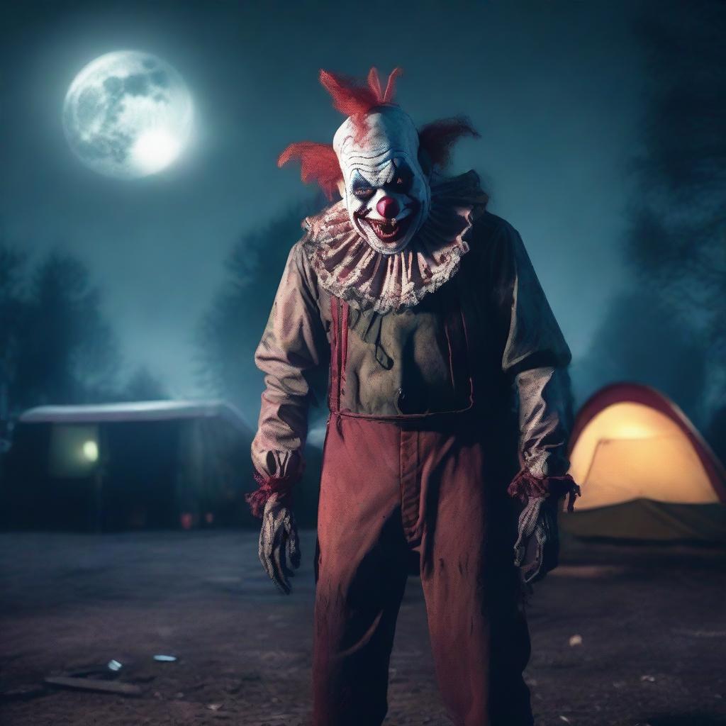 A creepy zombie clown standing at a campsite with camping pods at night