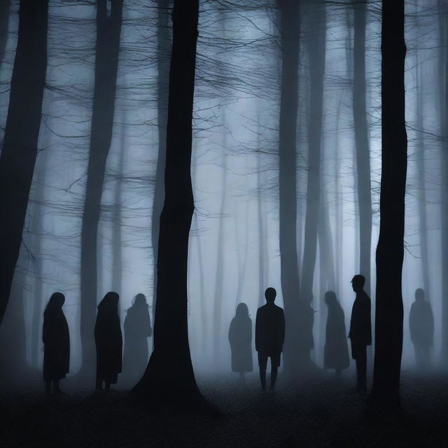 A group of six people, consisting of two girls and four guys, are huddled together in a dark forest at night