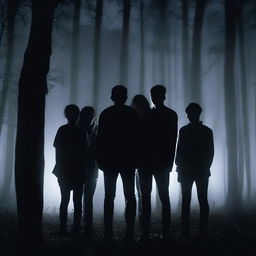 A group of six people, consisting of two girls and four guys, are huddled together in a dark forest at night