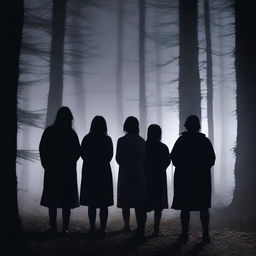 A group of six people, consisting of two girls and four guys, are huddled together in a dark forest at night