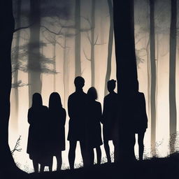 A group of six people, consisting of two girls and four guys, are huddled together in a dark forest at night