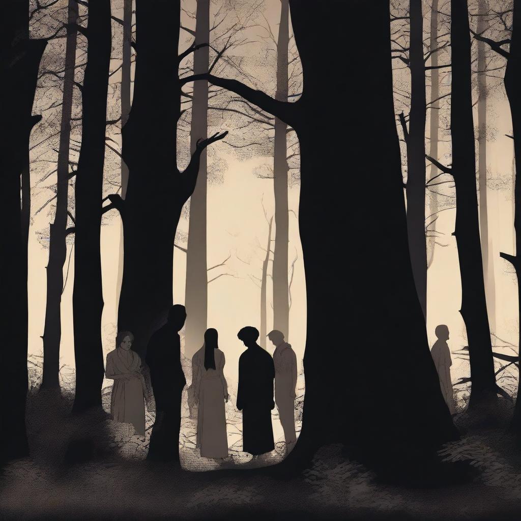 A scene depicting two women and four men looking scared in a dark forest at night