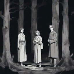 A scene depicting two women and four men looking scared in a dark forest at night