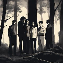 A scene depicting two women and four men looking scared in a dark forest at night