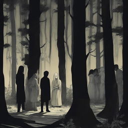 A scene depicting two women and four men looking scared in a dark forest at night