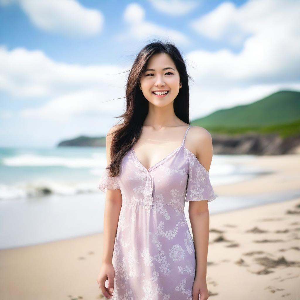 A serene scene of an Asian woman standing on a beautiful beach