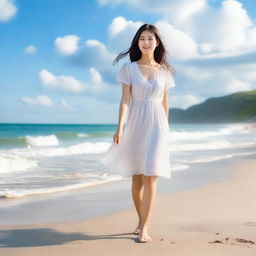 A serene scene of an Asian woman standing on a beautiful beach