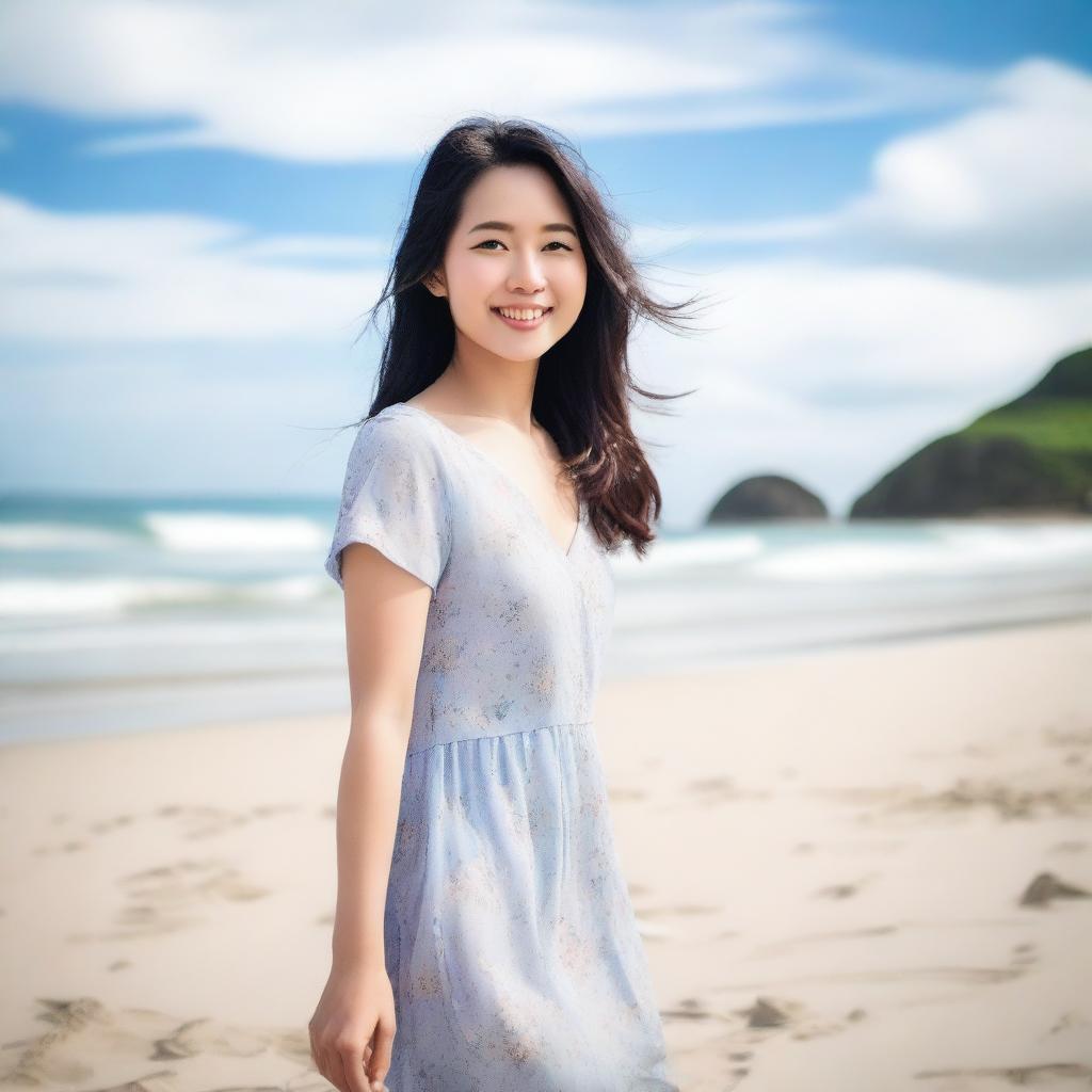 A serene scene of an Asian woman standing on a beautiful beach